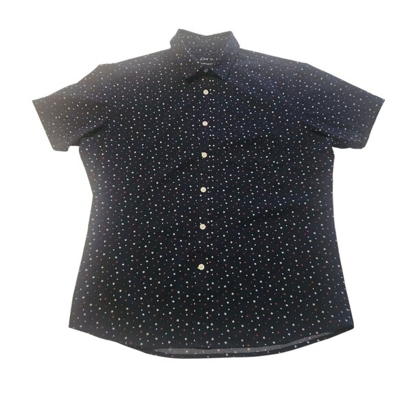 Apt. 9 Shirt Standard Untucket Fit Button Stretch Blue w/ Red White Stars Medium - Picture 1 of 8